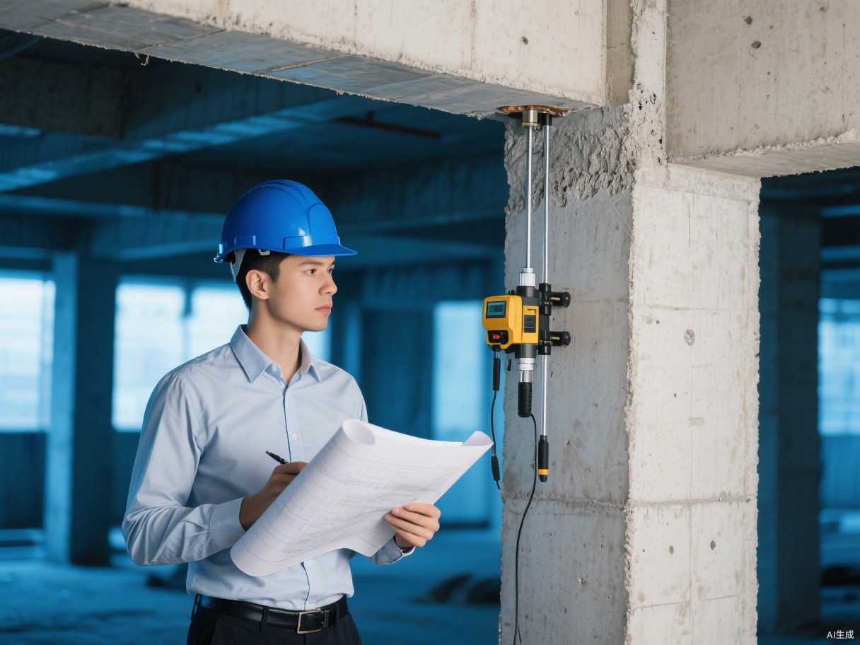 君宇加固结构工程师在建筑加固施工现场查验梁柱
